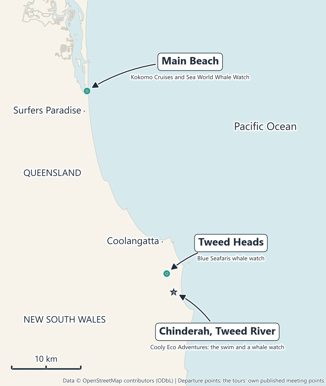 Map of the southern Gold Coast and Tweed coast showing the whale tour departure points at Main Beach, Tweed Heads and Chinderah